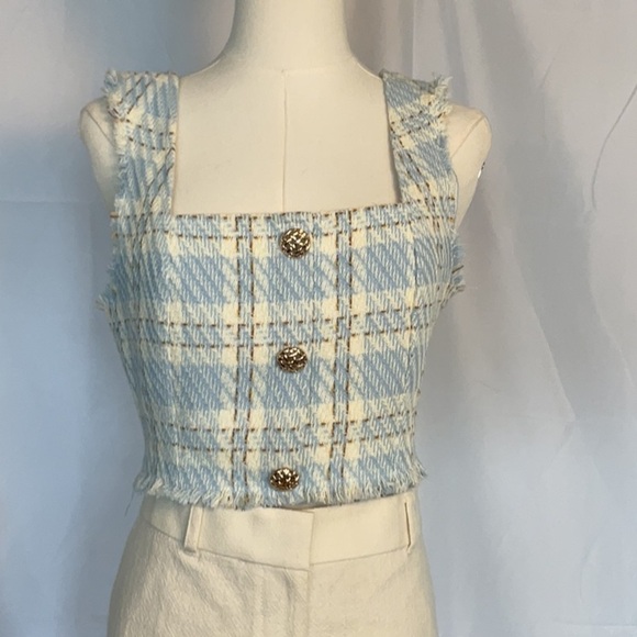 Endless Rose Tops - endless rose soft blue & white tweed cropped tank w/fringe top size M